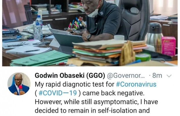 Edo state governor, Godwin Obaseki tests negative for Coronavirus but still remains in self-isolation.